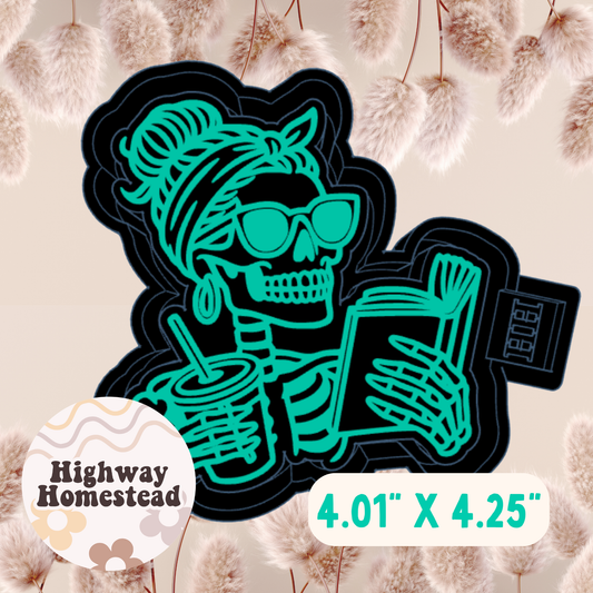 Skeleton Girl with Coffee and Book Freshie Mold